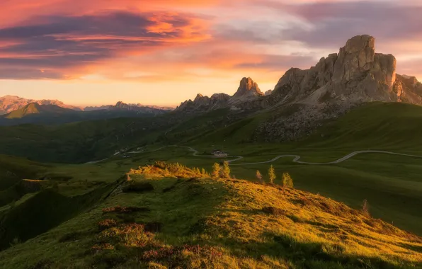 Picture road, field, summer, the sky, grass, clouds, light, mountains