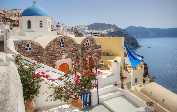 Sea, the sky, flowers, mountains, house, Santorini, Greece, yard