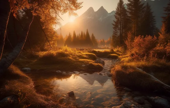 Autumn, forest, the sun, light, landscape, mountains, nature, fog