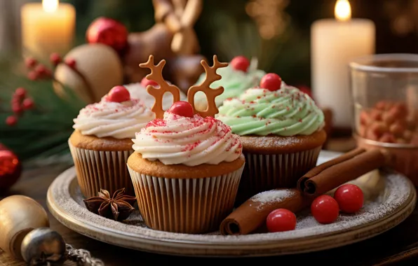 Balls, table, toys, candles, deer, Christmas, candy, New year