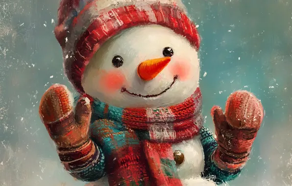 Winter, snow, hat, scarf, Christmas, New year, snowman, snowfall