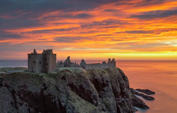 Picture sea, the sky, clouds, sunset, Scotland, ruins, Dunnottar castle, medieval architecture