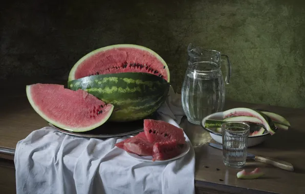 Picture glass, table, watermelon, knife, bowl, pitcher, still life, slices
