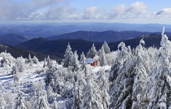 Picture winter, snow, trees, landscape, mountains, nature, house, ate