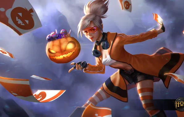 Picture card, girl, glasses, blonde, pumpkin, Heroes of Newerth, Tarot, Trick-or-Treat