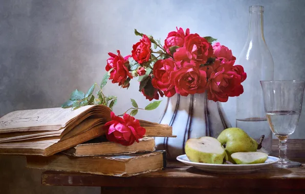 Flowers, table, glass, books, bottle, roses, bouquet, red