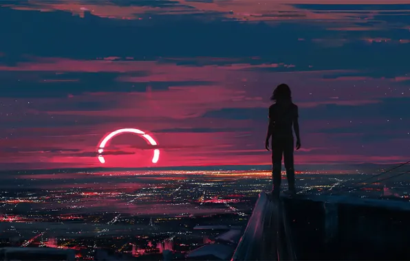 Picture Sunset, Figure, The city, People, Art, Lunar, Aenami, by Aenami