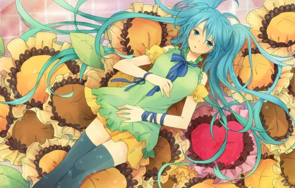 Picture girl, sunflowers, anime, art, vocaloid, hatsune miku, Vocaloid, Hatsune Miku