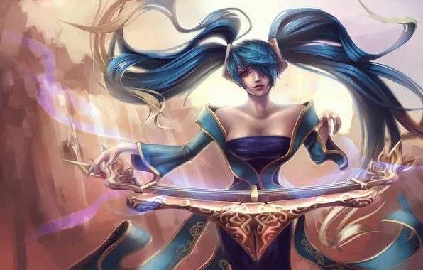 Picture look, girl, music, harp, tool, art, league of legends, sona