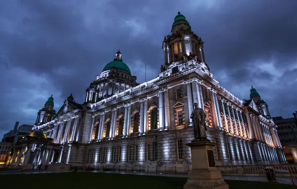 Night, lights, monument, City Hall, Northern Ireland, Belfast