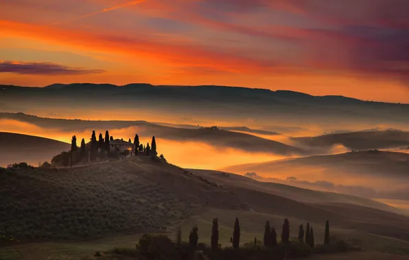 Picture clouds, trees, house, hills, field, Italy, glow, Tuscany