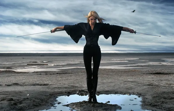 Water, Girl, sword, katana, puddle, blonde, spaces, in black