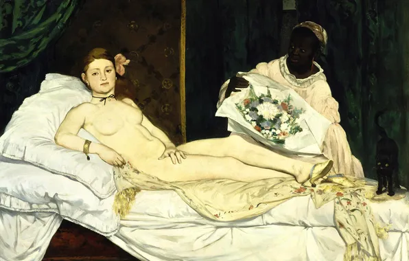 Women, flowers, bouquet, picture, bed, painting, the maid, Edouard Manet