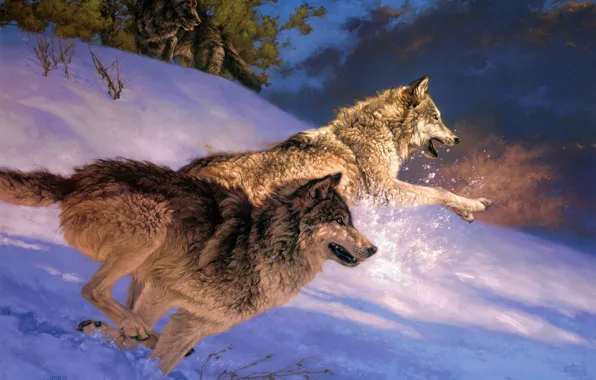 Picture winter, snow, art, wolves, Greg Beecham