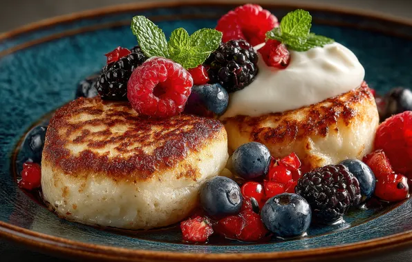 Berries, raspberry, blueberries, plate, red, mint, currants, BlackBerry