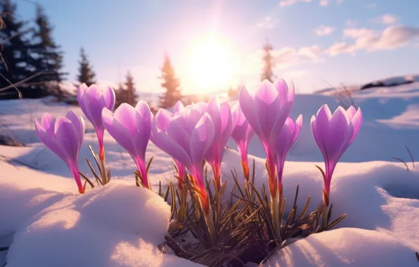 Light, snow, flowers, glade, spring, crocuses, pink, Krokus