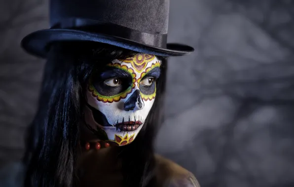 Girl, background, portrait, hat, makeup, brunette, hairstyle, Halloween