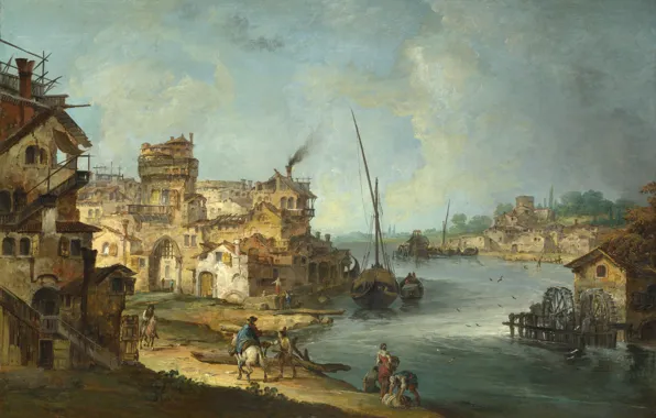 Landscape, picture, Michele Marieschi, Michele Marieschi, People and Home Reci with merchant ships