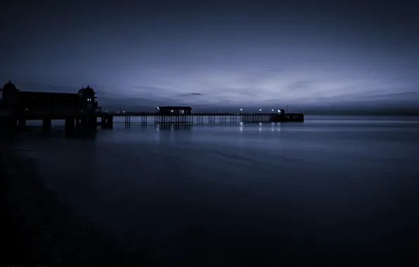 Lights, shore, Sea, pierce, calm, twilight