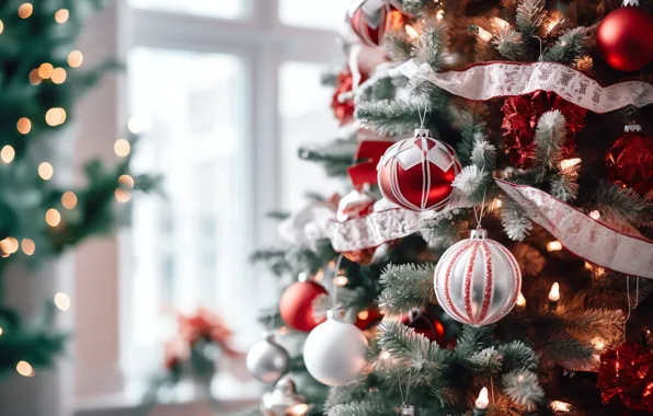 Balls, lights, tape, window, Christmas, red, New year, white