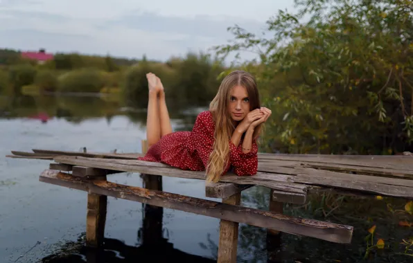 Girl, sky, dress, trees, nature, water, clouds, lake