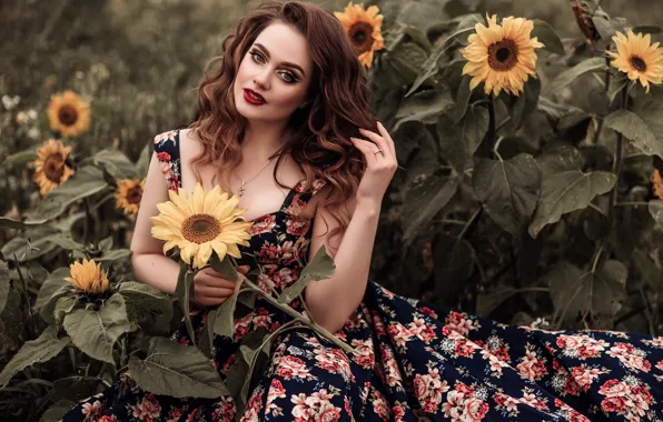 Look, sunflowers, nature, pose, model, portrait, makeup, dress