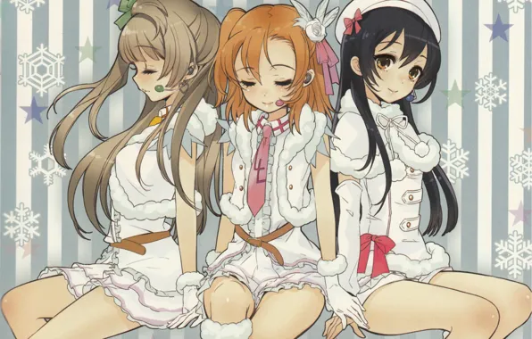 Stars, snowflakes, strip, microphone, three, art, friend, love live!