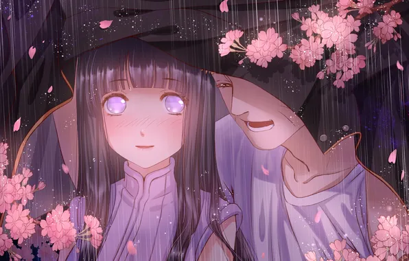 Girl, flowers, rain, anime, Sakura, art, naruto, guy