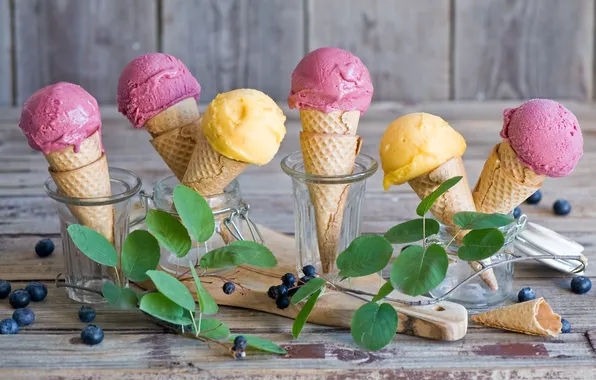 Picture blueberries, ice cream, horn, twigs