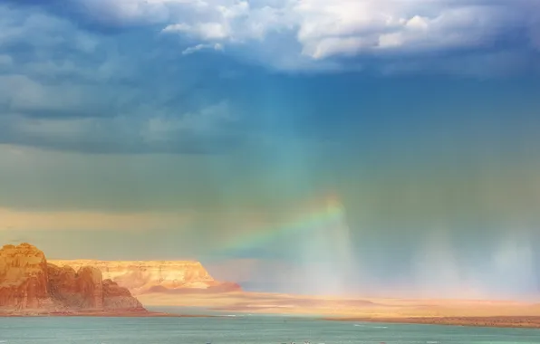 The sky, water, light, rocks, rainbow