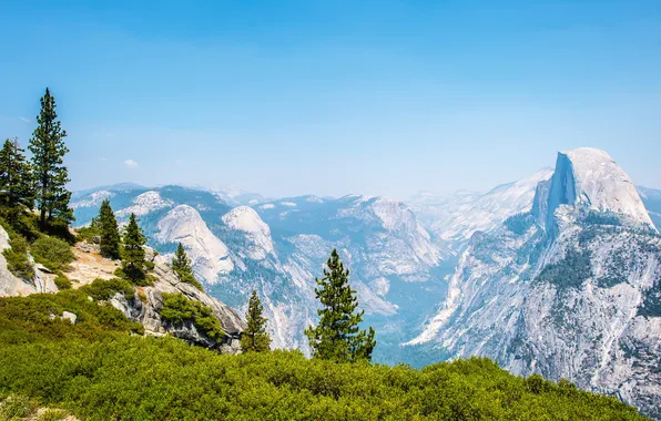 Trees, mountains, stones, rocks, CA, panorama, USA, Yosemite