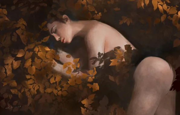 Nude, dark water, in the water, closed eyes, fallen leaves, sleeping woman, by Sam Mao