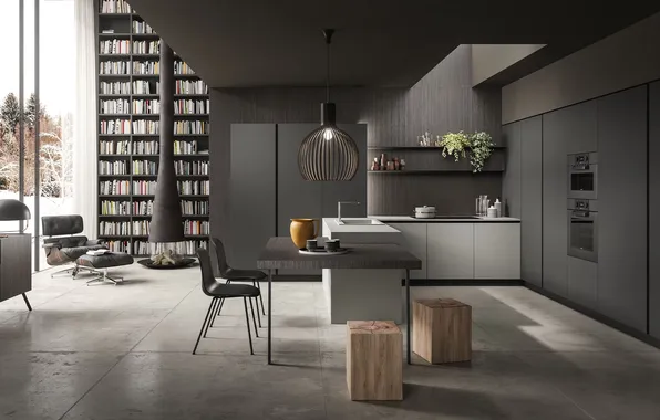 Style, Villa, interior, Italy, kitchen, fireplace, library, dining room