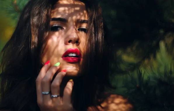 Look, girl, light, branches, face, hand, portrait, ring