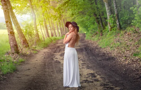 Picture road, forest, girl, pose, hat, dress, figure, bokeh