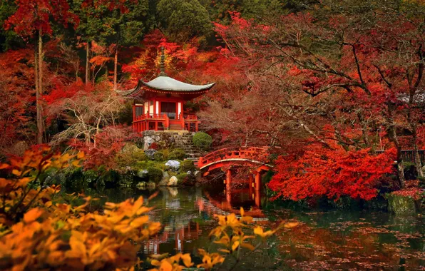 Picture trees, bridge, pond, Japan, garden, Kyoto, the temple Daigo-JI temple Bentendo Hall