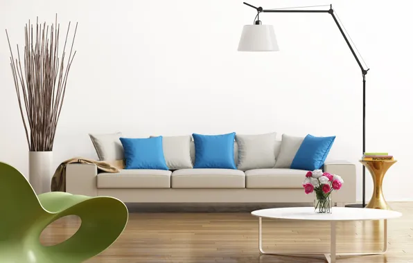 Picture design, green, grey, blue, interior, chair, pillow, table