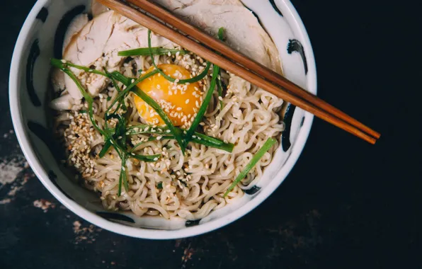 Bird, egg, sticks, chicken, plate, meat, the yolk, sesame