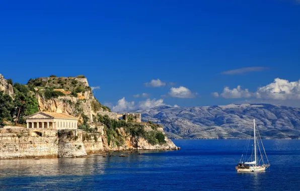 Picture sea, shore, yacht, Corfu
