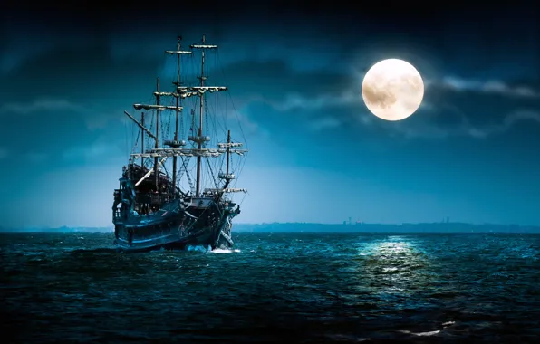 Sea, clouds, night, ship, the full moon, swimming