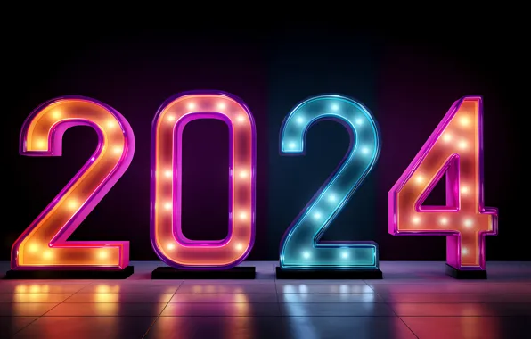 Picture neon, colorful, New Year, figures, new year, happy, pink, neon
