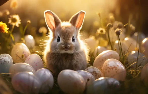Look, light, flowers, nature, holiday, glade, hare, eggs