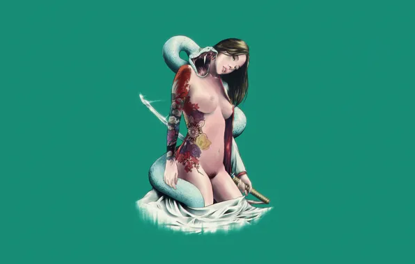 Girl, Chest, Minimalism, Style, Girl, Sword, Naked, Tattoo