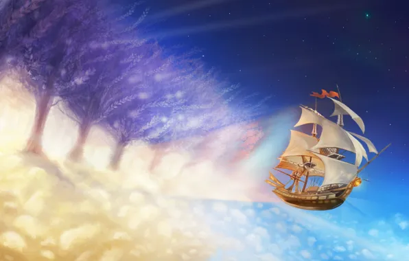 Clouds, light, trees, flight, figure, ship, sailboat