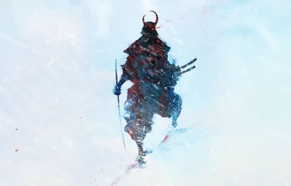 Snow, figure, katana, warrior, silhouette, art, samurai, Blizzard