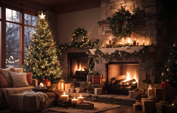 Decoration, room, balls, tree, interior, New Year, Christmas, gifts