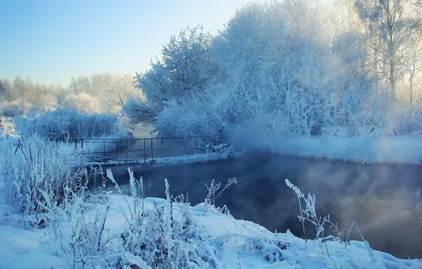 Winter, snow, trees, bridge, river