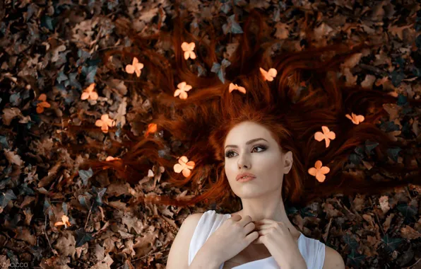 Autumn, leaves, flowers, face, mood, hair, red, redhead