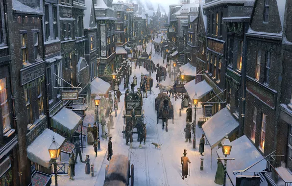 Winter, snow, the city, people, street, horse, art, lights