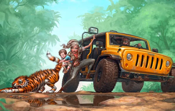 Picture road, child, family, jungle, art, jeep, puddles, tiger